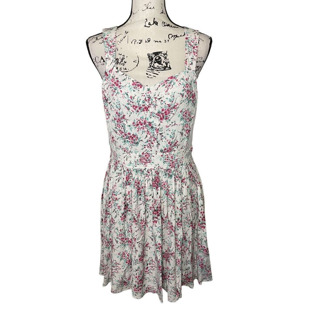LC Lauren Conrad Dress Women 12 White Pink Floral NWT Heart Cutout Smocked Waist